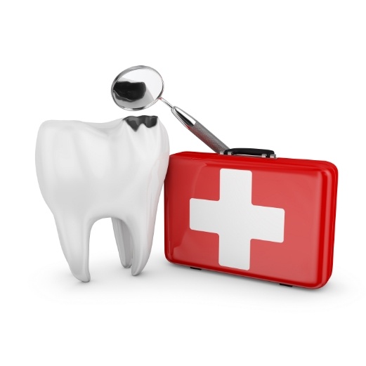 Animated damaged tooth with first aid kit needing emergency dentist in Schoharie