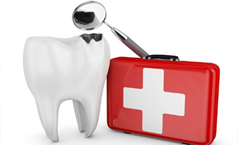 Animated broken tooth with dental mirror and first aid kit