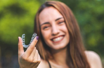 a woman holding Invisalign aligners and smiling