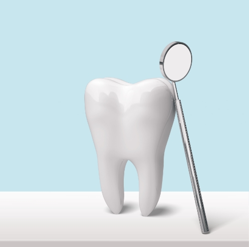 Dental mirror leaning against model of tooth